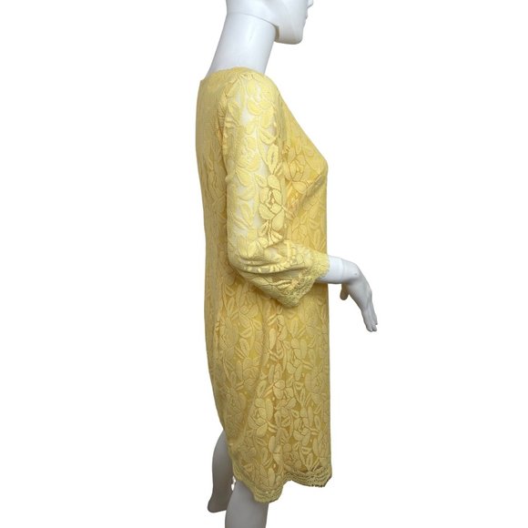 London Times Yellow Lace Dress 6 Overlay Lined Above Knee Round Neck Floral - Picture 3 of 16